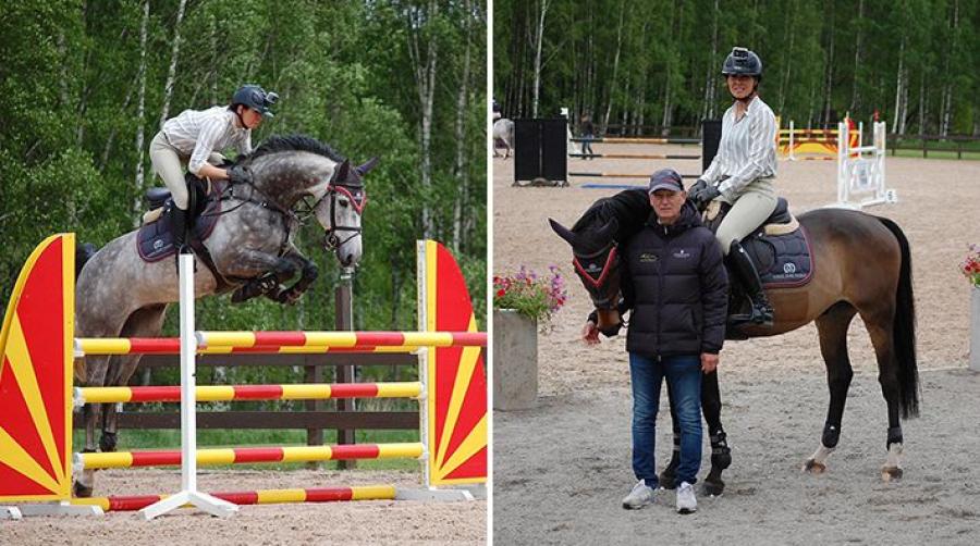 Sofia med femåriga Magic's Aer under träningstävlingen till vänster, till höger Sofia och Royne med Love me Tender framför "tävlingsbanan".