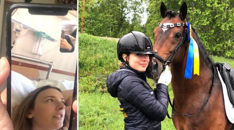 Cecilia Bergåkra (vänster i bild) hade koll på Equipe från sjukhussängen när syster Emilia kvalade till SM (höger i bild).
