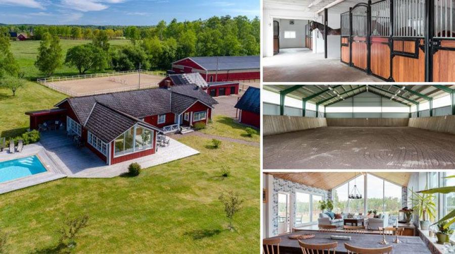 Idyllisk hästgård med ridhus, pool och fiskedammar