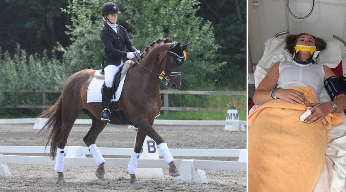 Emma på tävlingsbanan med vad som skulle bli hennes junior- och young rider-häst. Det hela slutade dock på sjukhus.