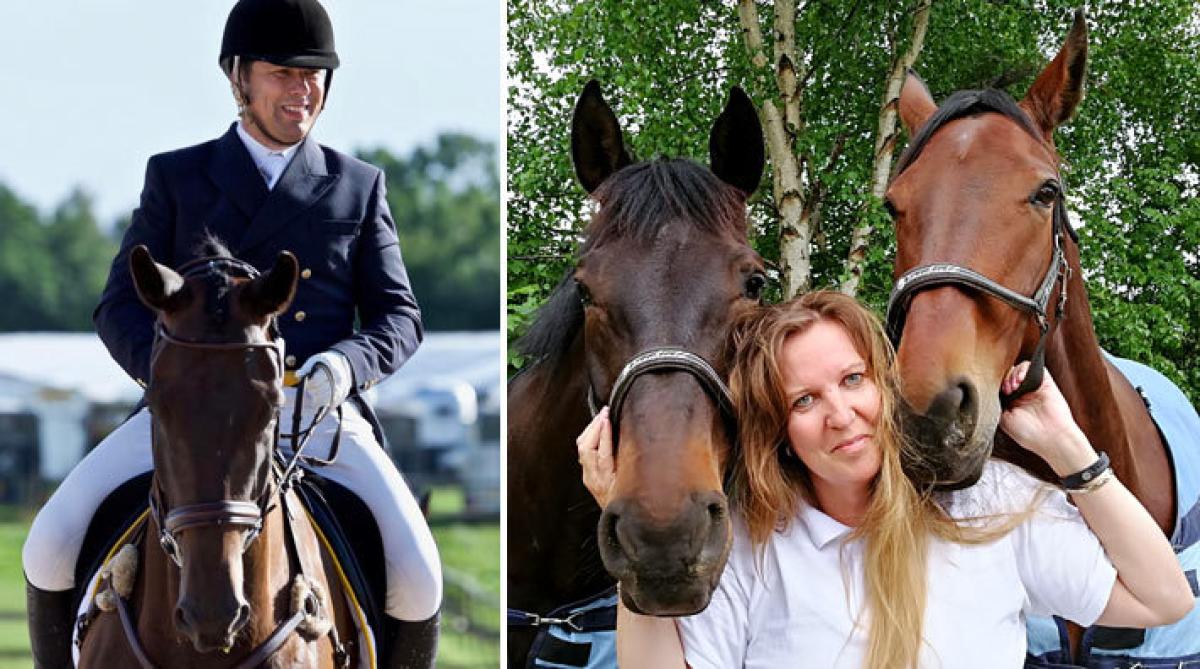 Vänster: Jon på ”Murre” (Foto: Haide Westring) Höger: Lena med sina dressyrhästar ”Uno” och ”Uffe” (Foto: Privat)