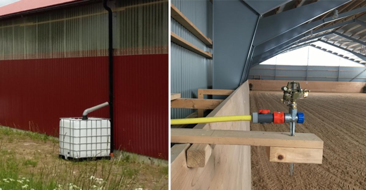 Tankar samlar upp regnvattnet, och spridare har monterats i ridhuset. Foto: Maria Cederlund