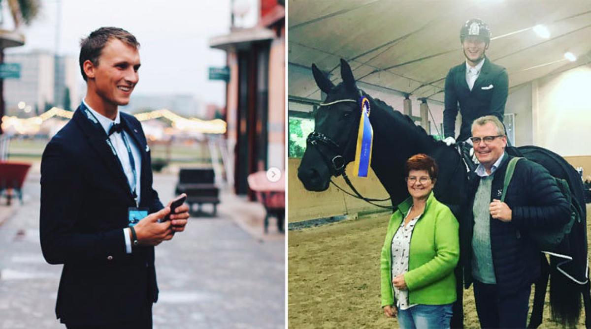 <i>Carl Hedin är en kontrasternas man. Från kavaj och Barcelonahäng till tävlingskavaj och unghästtävlingar på en vecka. Till höger med LarCas Haya som är i femårsfinal.</i>