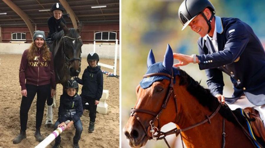 Emma Gilland med sönerna Vincent, Felix och Linus samt hästen Delilah. Till höger Peder Fredricson med All In.