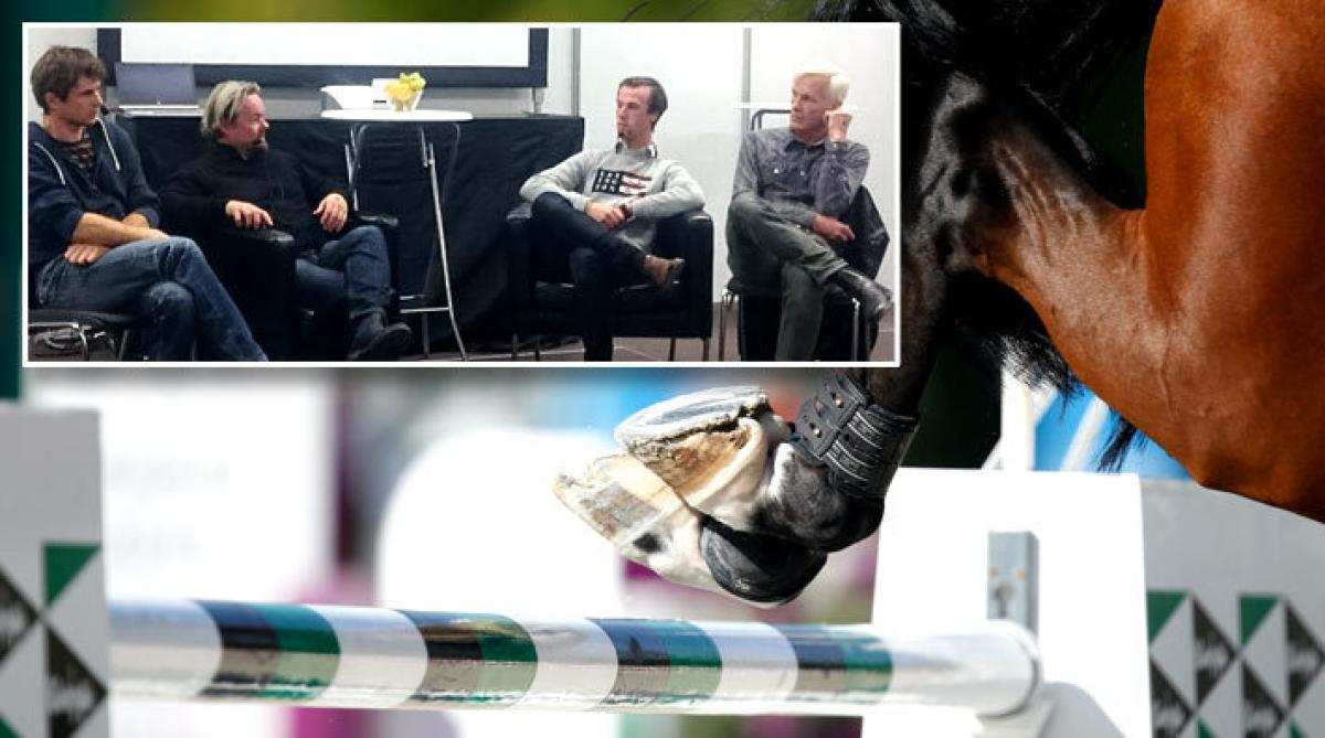 <i>Från vänster på panelbilden: Mikael Berg från SLU, Erik Lundkvist från Razerhorse, fättävlansryttaren Hannes Melin och Per Michanek, veterinär. FOTO: Tomas Holcbecher (häst) och Privat (panel)</i>