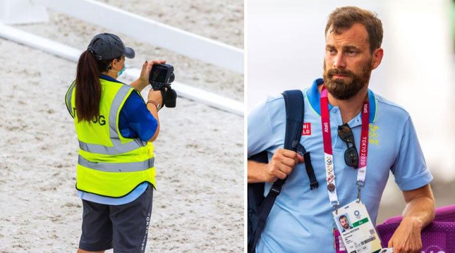 Vänster i bild ser vi personal som använder en värmekamera för att mäta hästarnas temperatur vid prestation. Höger i bild landslagsveterinär Rasmus Westgren.