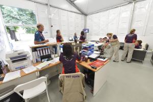 Receptionen till den olympiska veterinärkliniken i Greenwich Park.