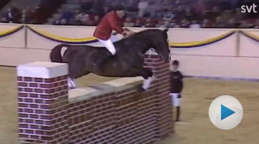 Året var 1993 och Peter Eriksson visade upp hingsten Robin Z i Flyinge. Se när ekipaget visar upp barbackahoppning över en mur på 180 cm.