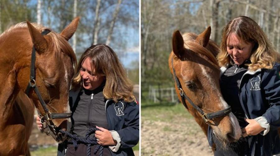 Katarina och hästen Nadina, som räddades av Johanna Asplund i höstas. Först var Nadina lite osäker men nu är hon drottningen i stallet, berättar Johanna.