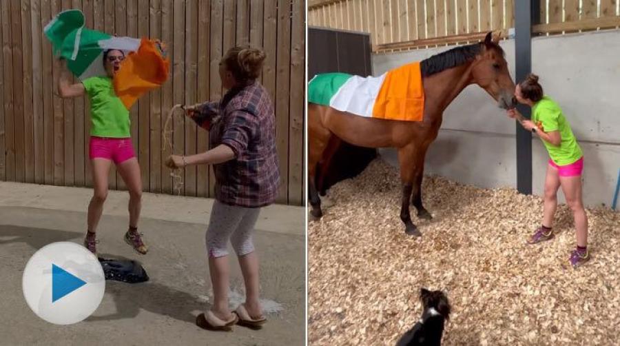 Dressyrryttaren Abi Lyle, Irland, vet hur man uttrycker glädje. När hon fick beskedet att hon skulle få åka till VM blev det hopp och champagne.