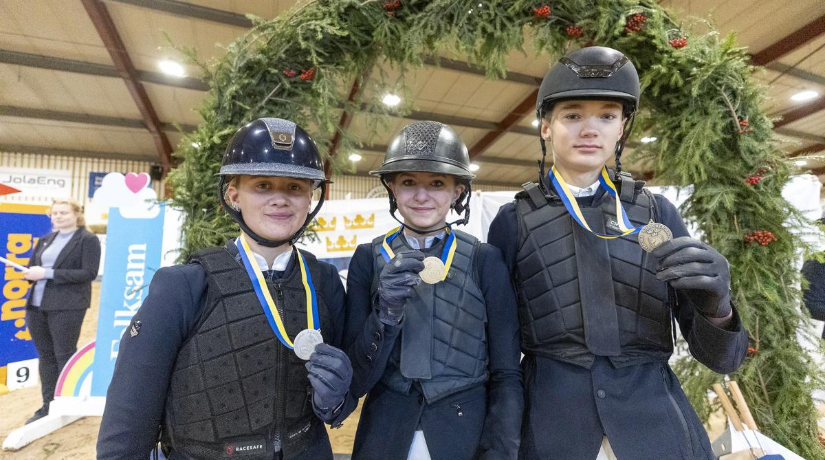 Förra årets medaljtrio för kategori D: Noomi Skobe Rosén (guld), Alice Nyman Wass (silver) och Viggo Bergstrand (brons). Foto: Roland Thunholm