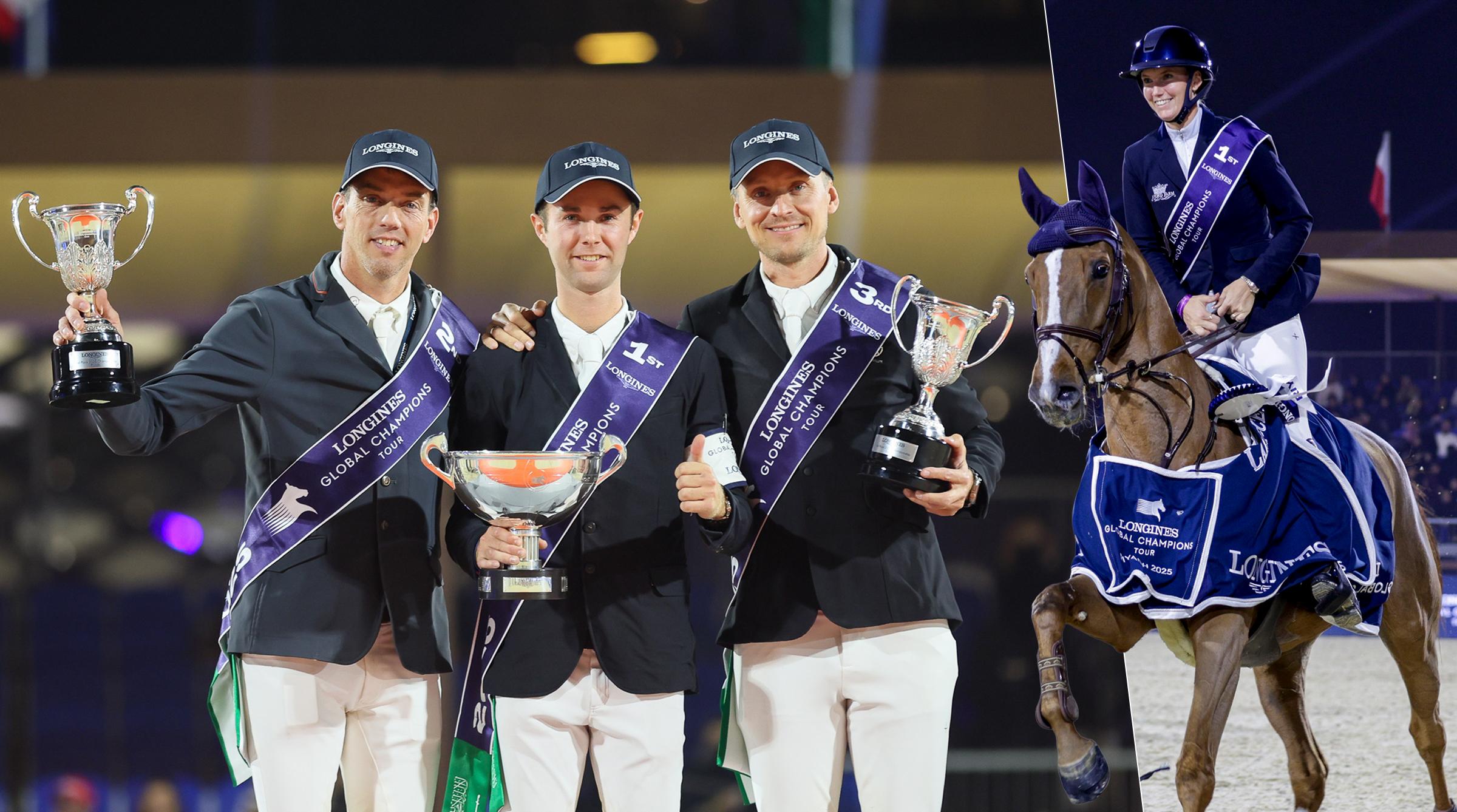 Pristagarna i totalen t.v. med Gilles i mitten – t.v. Jana som segrade Riyadhs Grand Prix. Pressfoto: Global Champions Tour