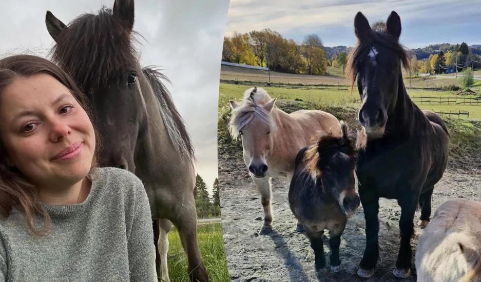 Klinisk socionom och familjeterapeut Susan Hårstad Thoresen och hästarna från Bytoppen Trivselsgård som deltog i projektet. Foto: Privat