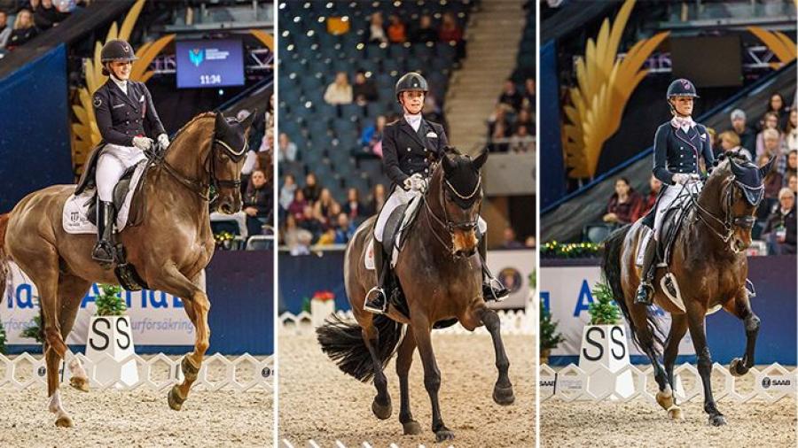 VM-medaljörerna Cathrine Laudrup-Dufour med Bohemian och Dinja van Lière och Hermès längst till höger flankerar världsettan Jessica von Bredow-Werndl på TSF Dalera BB.