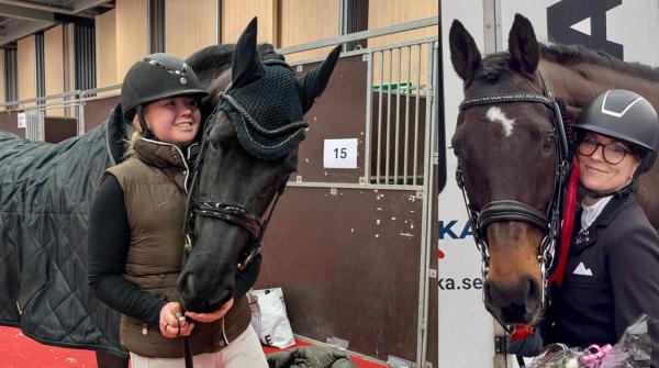 Caroline Lundkvist och Freerk fan Wolsum vid Eurohorse 2025 (t.v). Marie och Dalgaards Dux (t.h). Foto: Privat