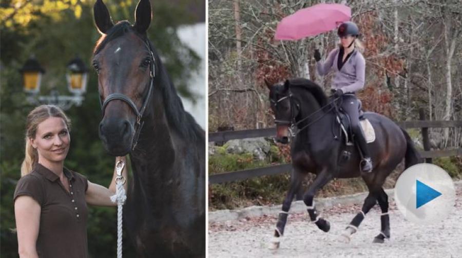 Låt inte regnet stoppa dig. Gör som Emelie Renman Åquist istället och rid med ett paraply. Öva miljöträning och enhandsfattning på samma gång.