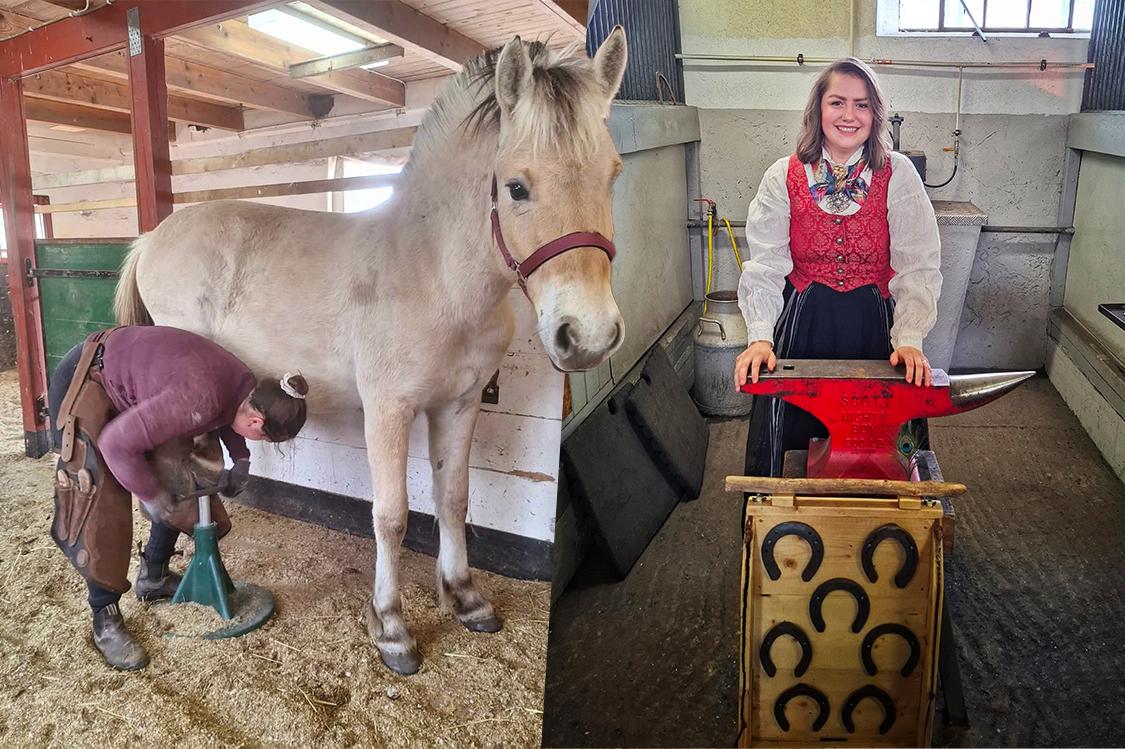 Anja Helene Waaler valde att åka till Sverige och Flyinge för att utbilda sig till hovslagare. Till höger med sin egen unghäst Ellavita. Foto: Privat