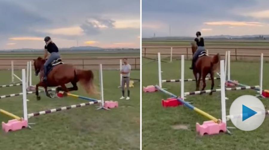 <p>Det går inte alltid som man tänkt sig på hoppträningen, men ekipaget klarade övningen utan att riva ner en enda bom i alla fall!