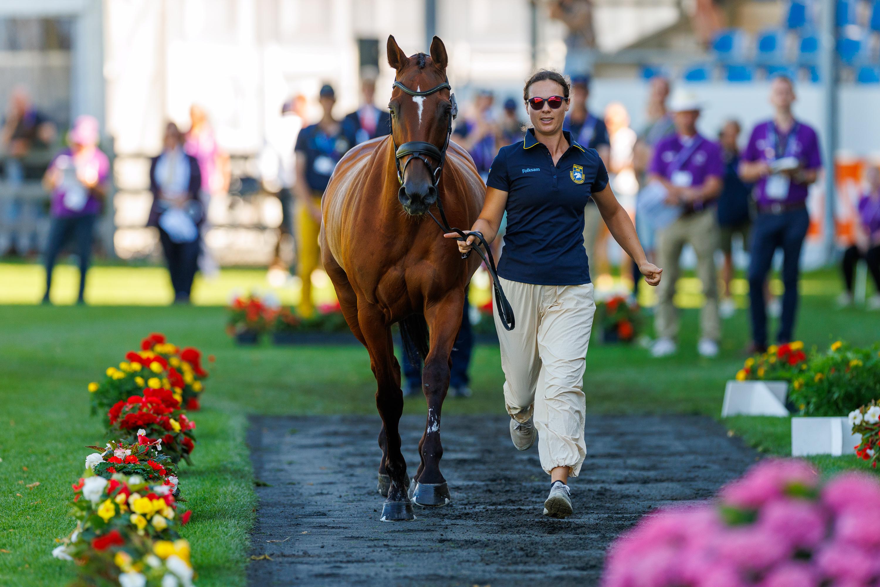Sofia Sjöborg och Bryjamolga van het Marienshof Z vid onsdagens veterinärbesiktning. Foto: Tomas Holcbecher